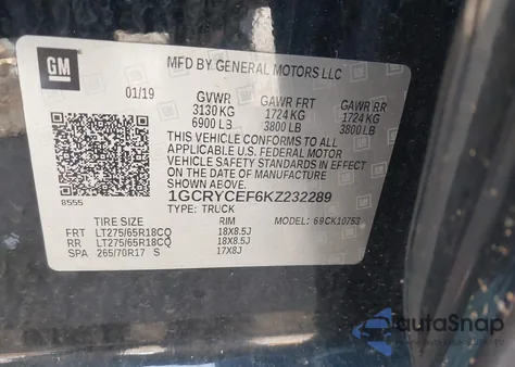 2019 Chevrolet Silverado 1500 Custom Trail Boss из США, поврежденный, VIN 1GCRYCEF6KZ232289